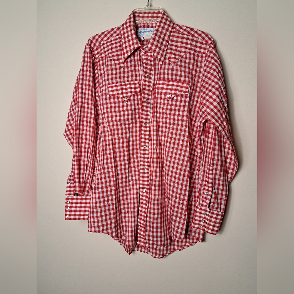 VTG Tru-West Rockmount Ranch Wear Men's XL Red White Gingham Pearl Snap Made USA